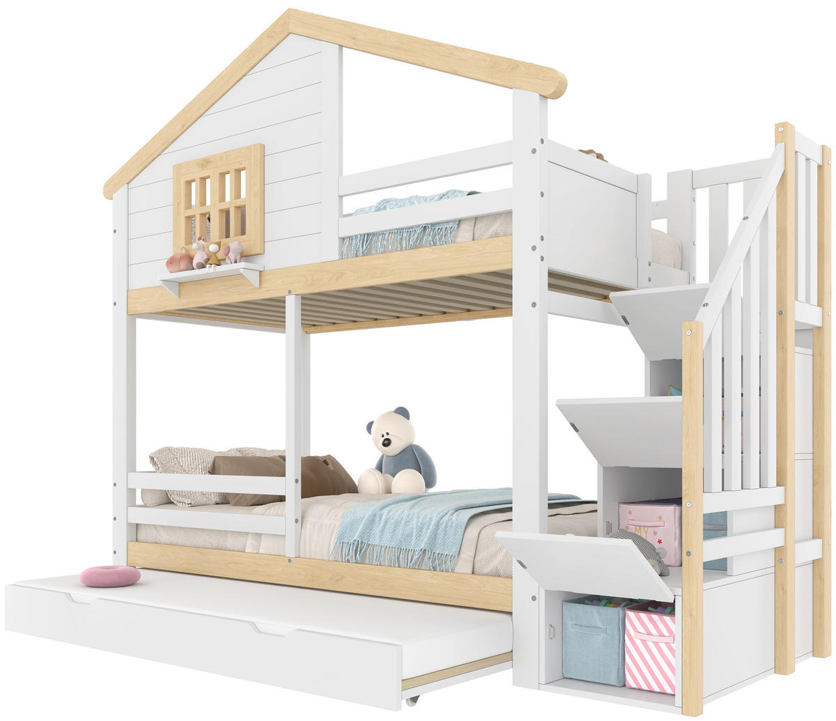 ETAGENBETT Haus 90x200 Weiß+Natur mit Ausziehbett und Stauraum - Naturfarben, Holz (90/200cm) - ComfortXL