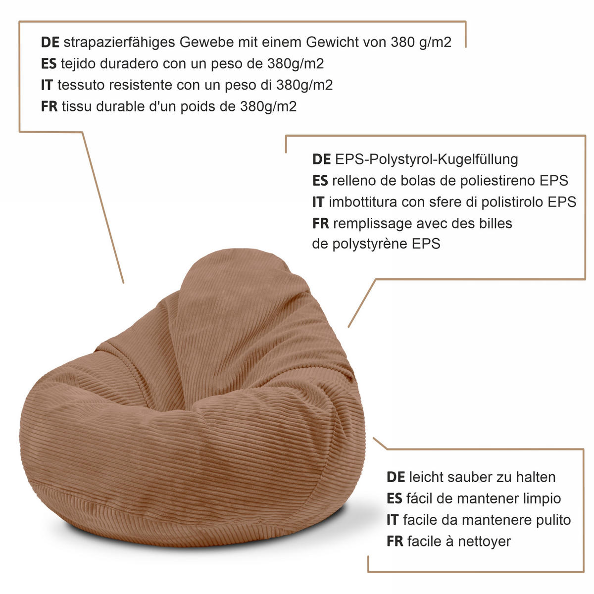 SITZSACK PARADISE MIT FUßSTÜTZE Kordsamt 2-tlg Brown Bear M - Braun, Textil (90/100/90cm) - Dreamroots