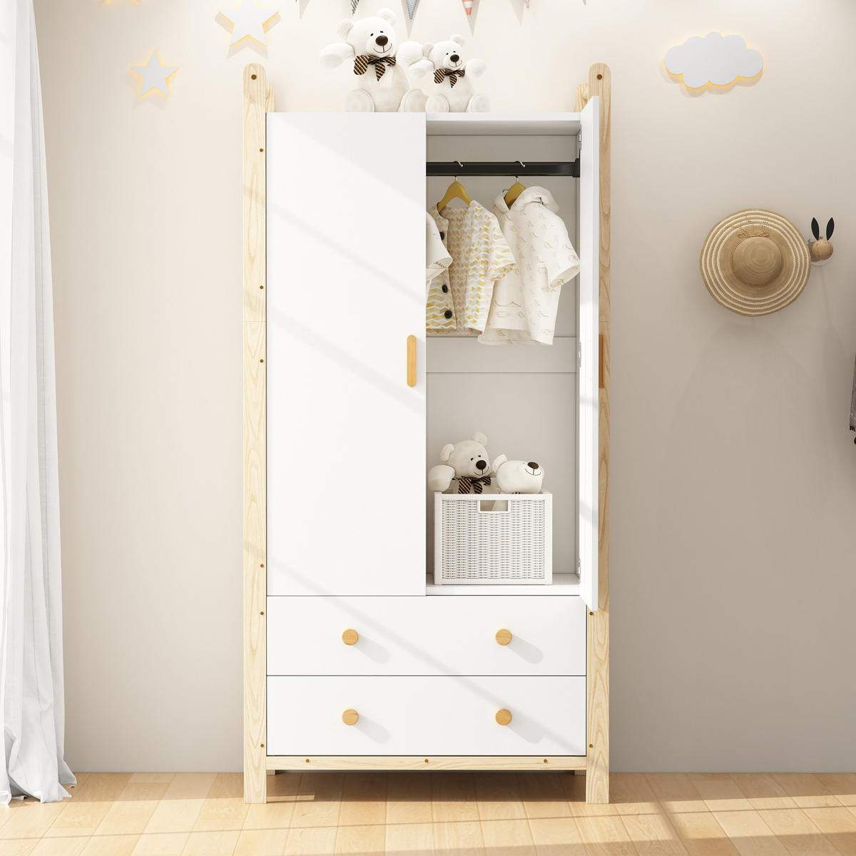 KLEIDERSCHRANK 90x45x180cm Weiß + Kiefer Spanplatte 2 Türen 2 Schubladen - Weiß, Holz (45/180/90cm) - FLIEKS