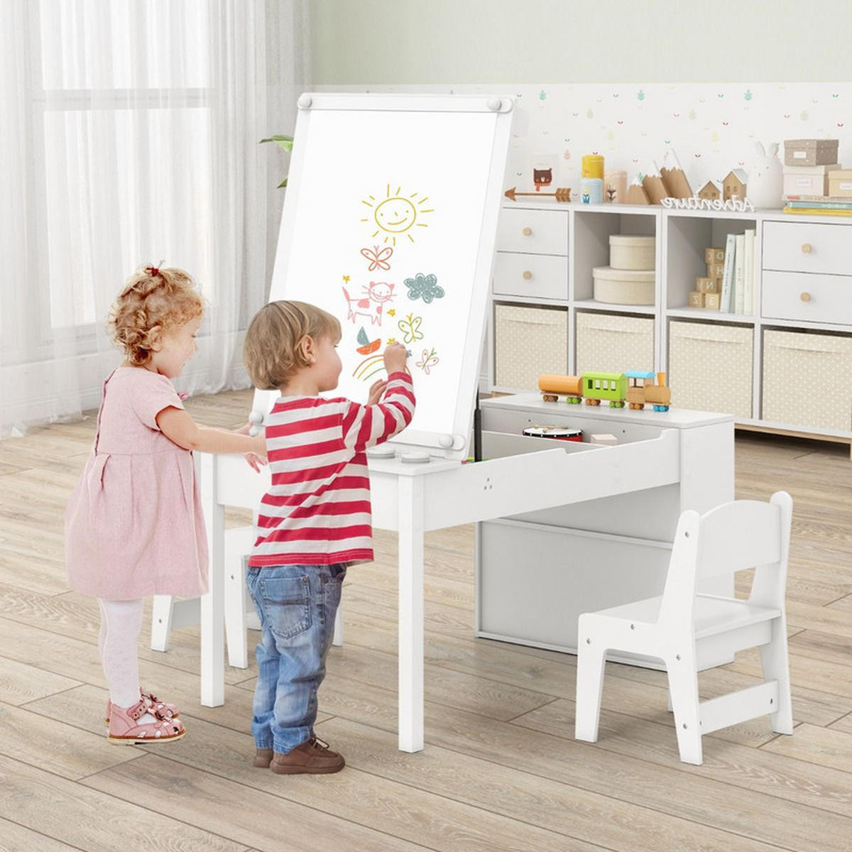 KINDERTISCH mit Stuhl weiß(3-tlg) - Weiß, Holzwerkstoff (109/55/60cm) - COSTWAY