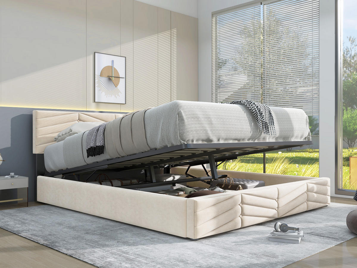 POLSTERBETT 140/200 cm mit Lattenrost, höhenverstellbares Kopfteil, Samtbezug in Beige - Beige, Textil (140/200cm) - Redom