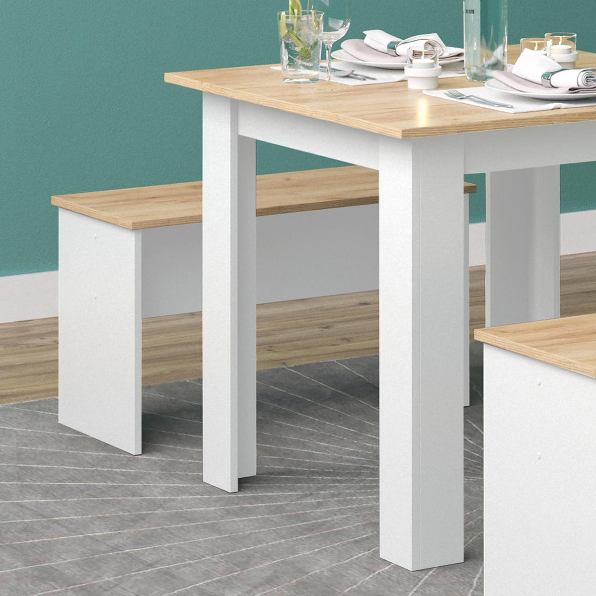 ESSTISCH SET Sentio Weiß/Goldkraft Eiche 80 x 80 cm mit 2 Bänken - Honigeiche/Weiß, Holzwerkstoff (80/73/80cm) - Vicco