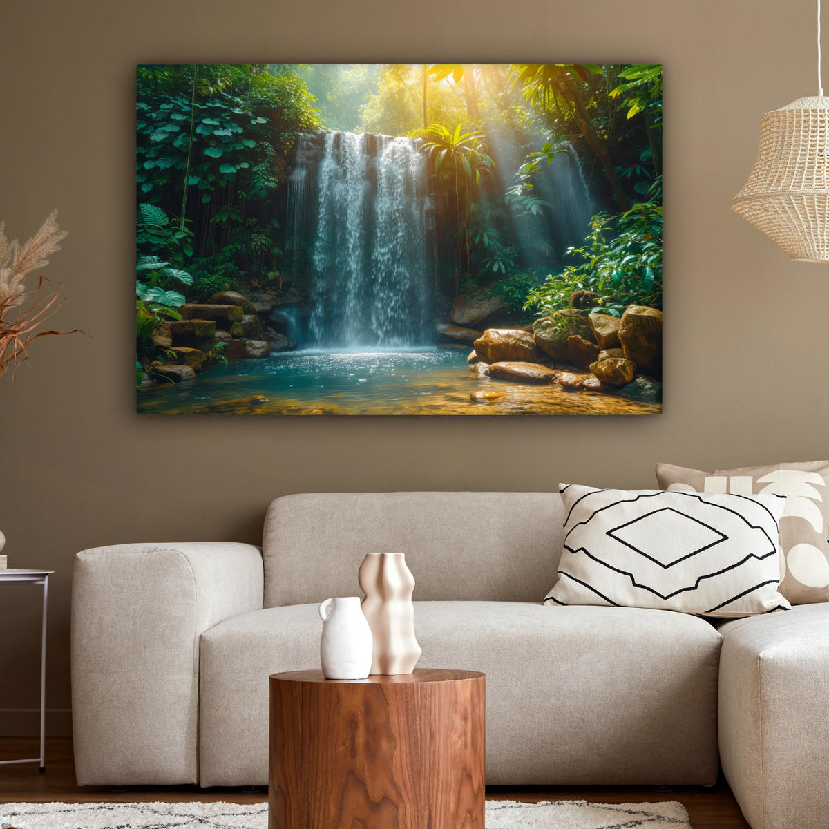 LEINWANDBILD Wasserfall - Dschungel - Sonne - Grün - Natur Wohnzimmer 120x80 cm - Grün, Textil (120/80cm) - MuchoWow