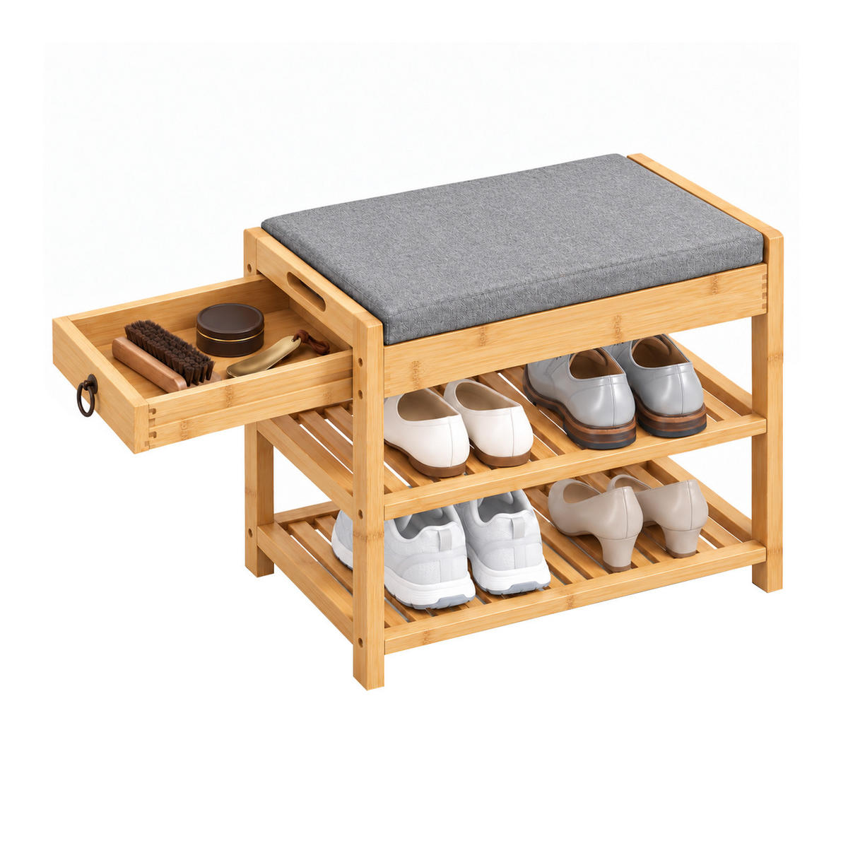 SCHUHBANK aus Bambus, 55 x 46 x 30 cm, mit Sitzkissen und Seitenschublade, 2 Schuhablagen, Natur - Naturfarben, Holz (55/46/30cm) - SoBuy