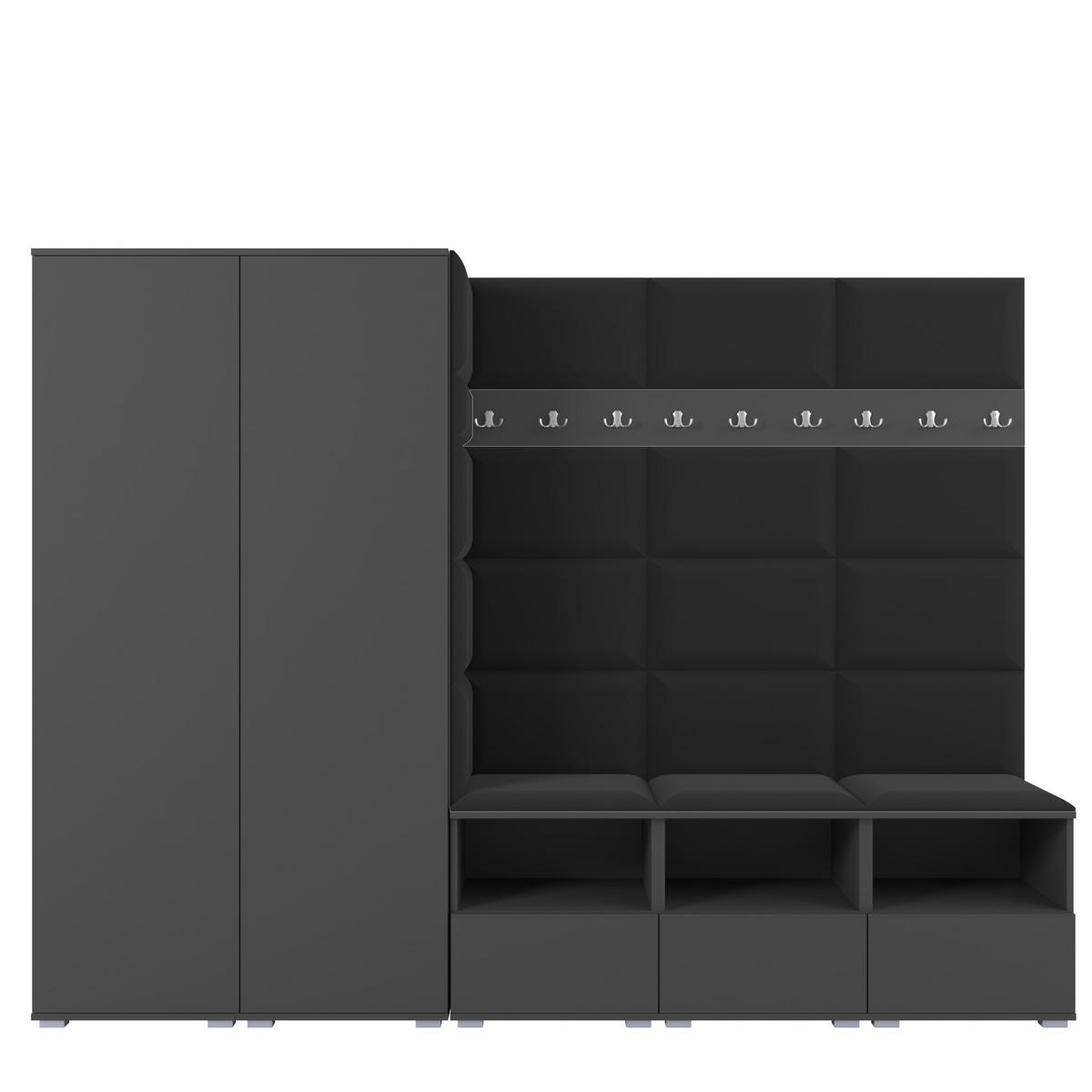 GARDEROBE NELA VII 250 cm (Modulare Flurmöbel XL Graphit mit Sitzpolster Schwarz 16 2 Schränke) - Silberfarben/Schwarz, Holz/Holzwerkstoff (250/187/40cm) - Ravio
