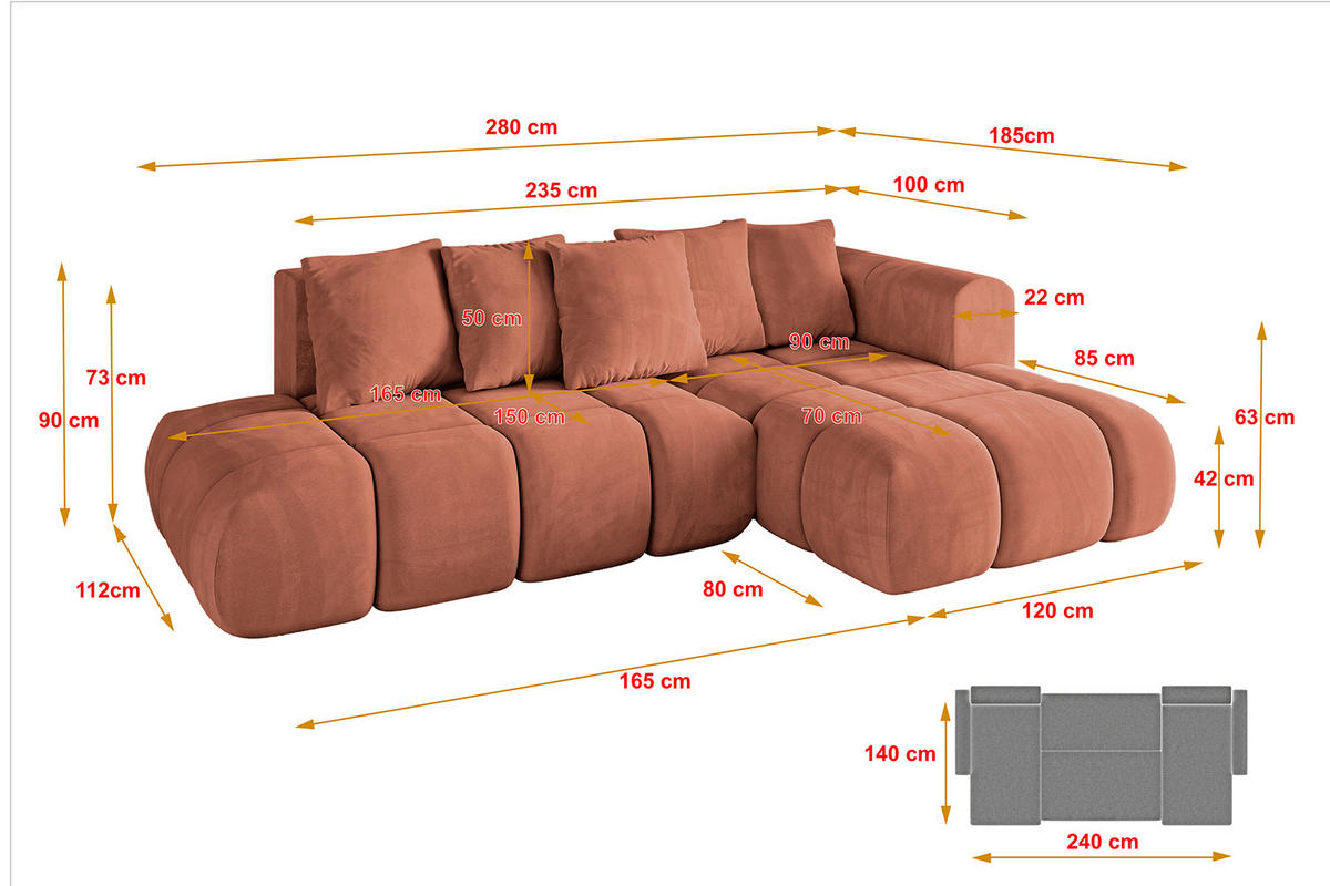 ECKSOFA Ottomane Rechts CLOUD-L-v1 280x185x90 Apricot Velours - Koralle, Holzwerkstoff/Kunststoff (185/280cm) - ALTDECOR