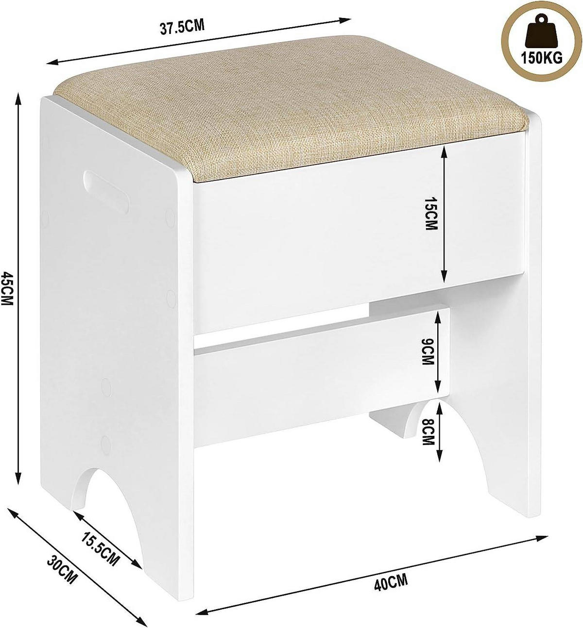 SCHMINKHOCKER mit Leinenbezug, 150 kg belastbar, Holz, Weiß Beige - Beige/Weiß, Holzwerkstoff/Textil (40/45/30cm) - Woltu