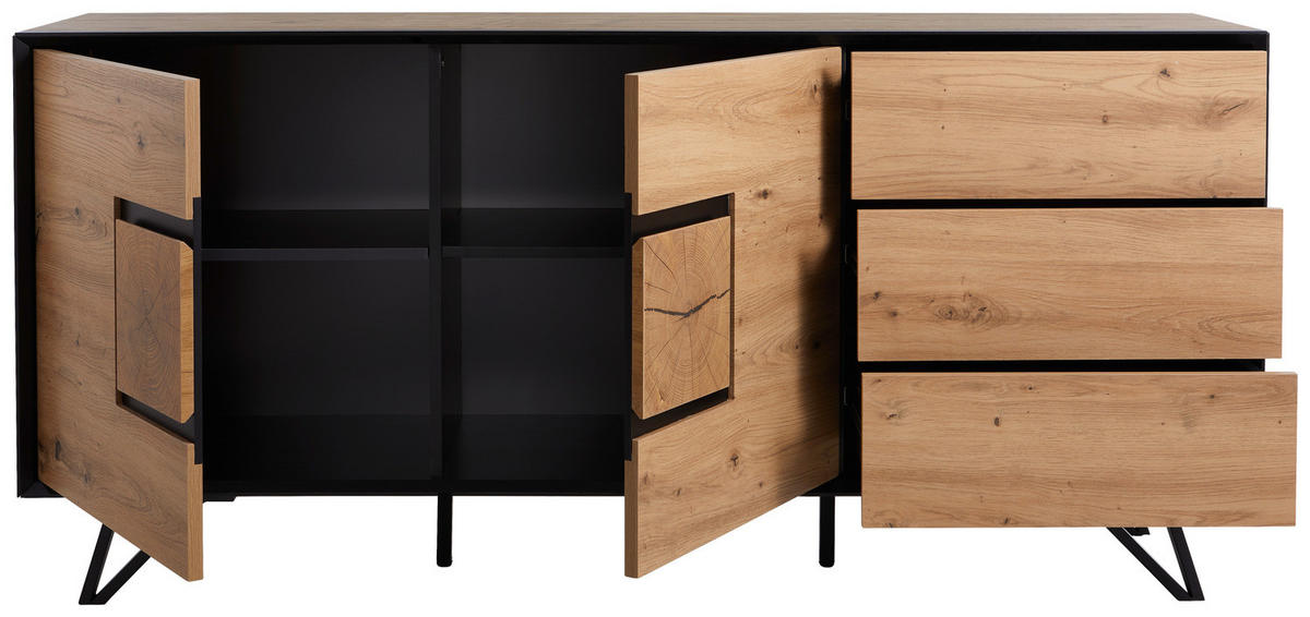 SIDEBOARD - Eiche Dekor / Schwarz - Schwarz/Braun, Holzwerkstoff/Metall (160/75/40cm) - home24