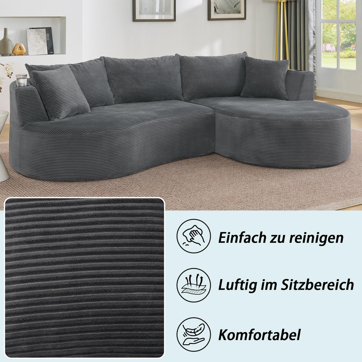 3-SITZER Sofa mit Getränkehaltern, Kissen und weichem Kordstoff, Grau - Grau, Kunststoff (264/76/168cm) - Redom