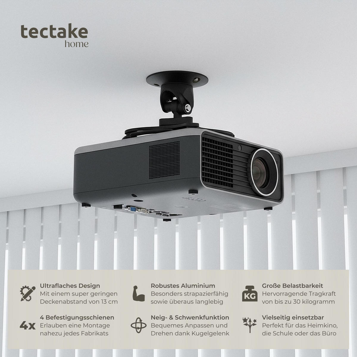 DECKENHALTERUNG für Beamer Universal, Aluminium, 360° Kugelgelenk, bis 30 kg, schwarz - Schwarz, Metall (12/0.2/23.5cm) - tectake