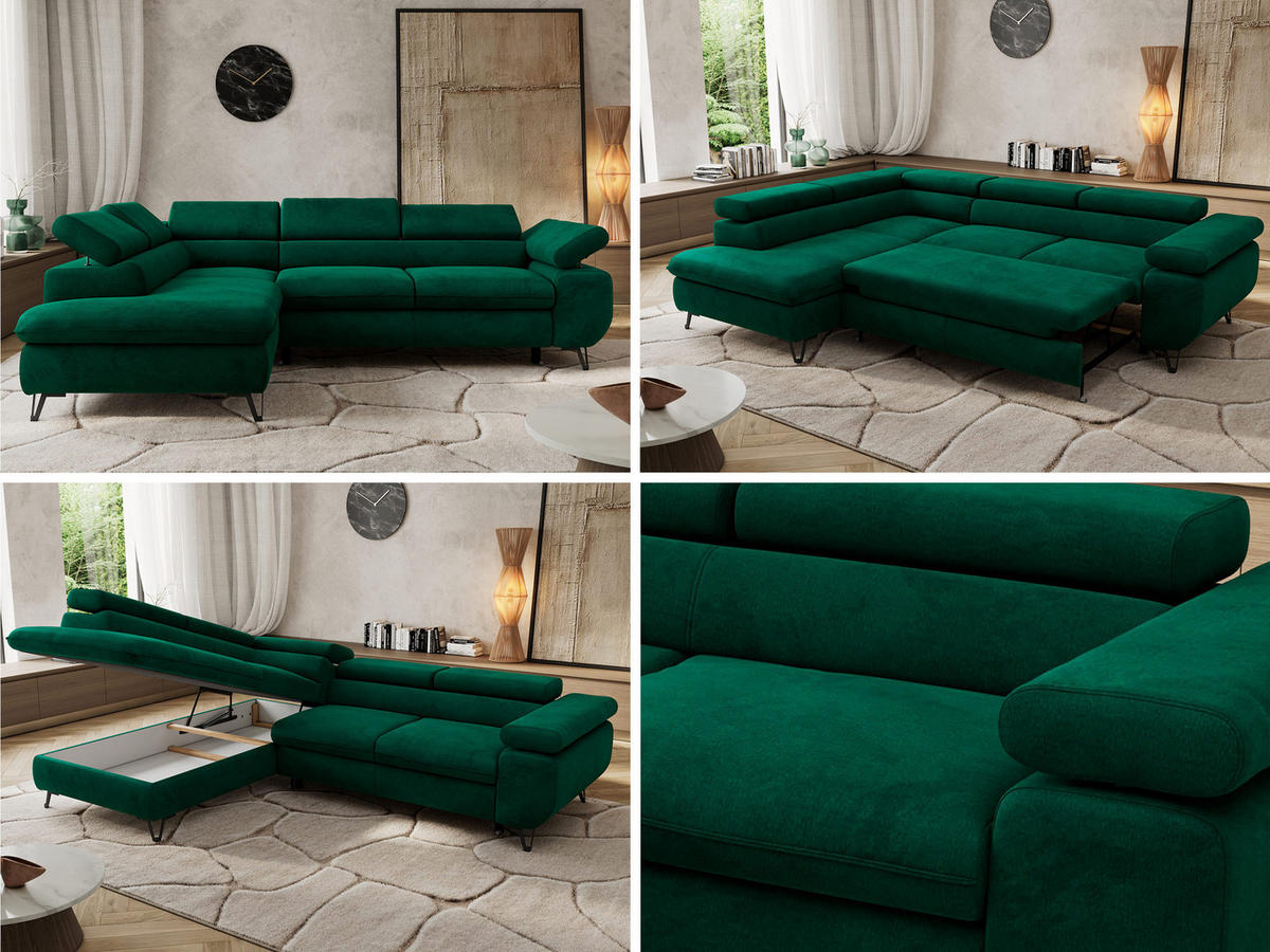 ECKSOFA PABLO L Dunkelgrün Velvet - Links Seite - Dunkelgrün/Schwarz, Textil/Metall (208/273cm) - MKS