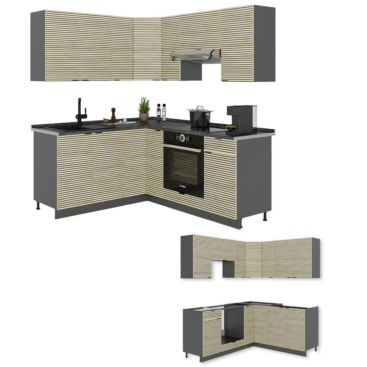 ROHOVÁ KUCHYŇ Fame-Line Dubový panel/antracit - antracitová/barva dubu, kompozitní dřevo (190/81.6/46cm) - Vicco