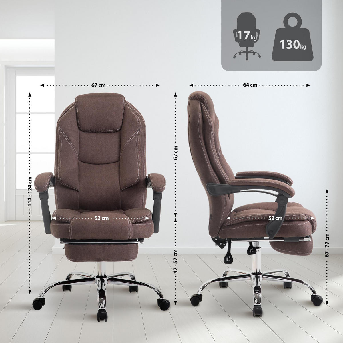 CHEFSESSEL Stoff Braun - Chromfarben/Braun, Textil/Metall (67/114/64cm) - CLP