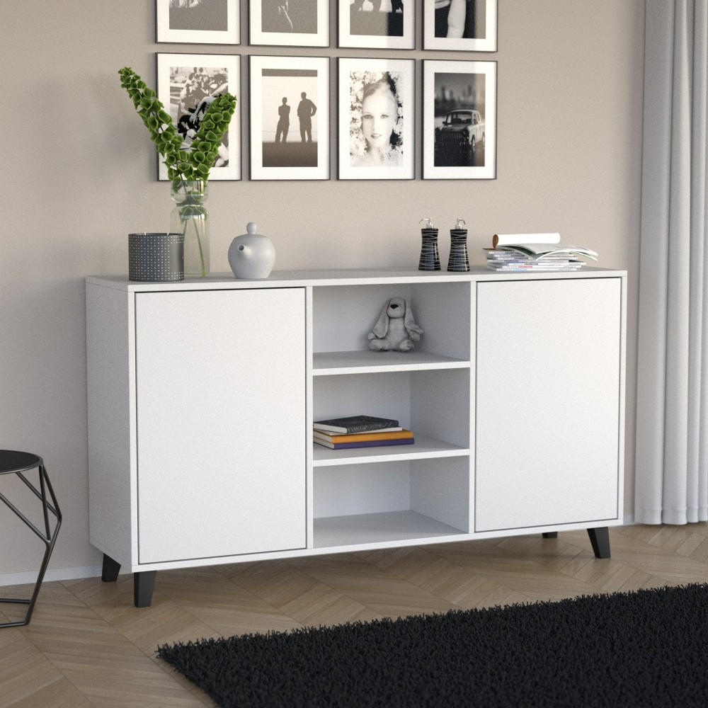 KOMMODE Home mit 2 Türen und 2 Regale, ohne Griffe, Weiß - Schwarz/Weiß, Holzwerkstoff (150/85/40cm) - Beautysofa