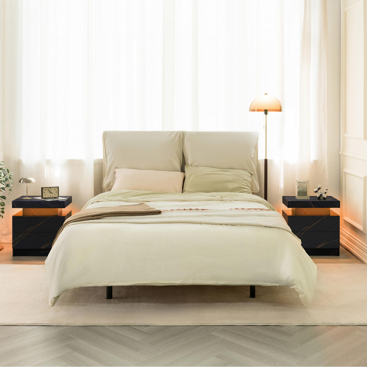 NACHTTISCH 50/53/36 cm cmschwarz/gold aus Holzwerkstoff mit LED-Beleuchtung und 2 Schubladen - Schwarz, Holzwerkstoff (53/36/50cm) - OKWISH