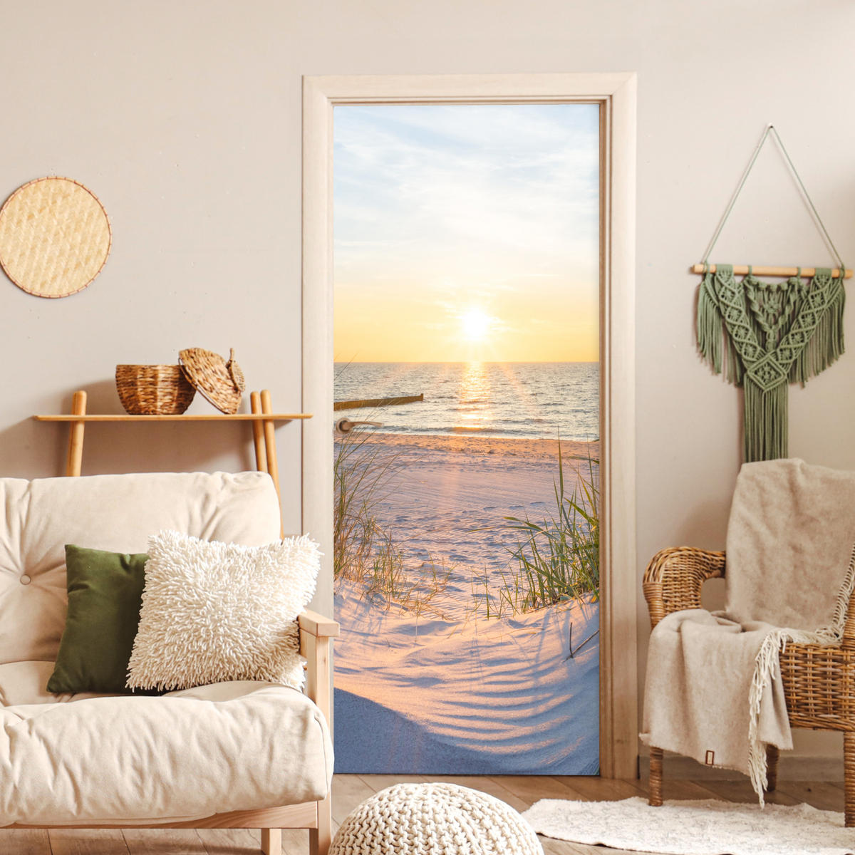 TÜRAUFKLEBER Strand - Sonne - Düne - Gras - Sand - Horizont Room Decor 85x205 cm - Türtapete - Dunkelgelb, Kunststoff (85/0.1cm) - MuchoWow