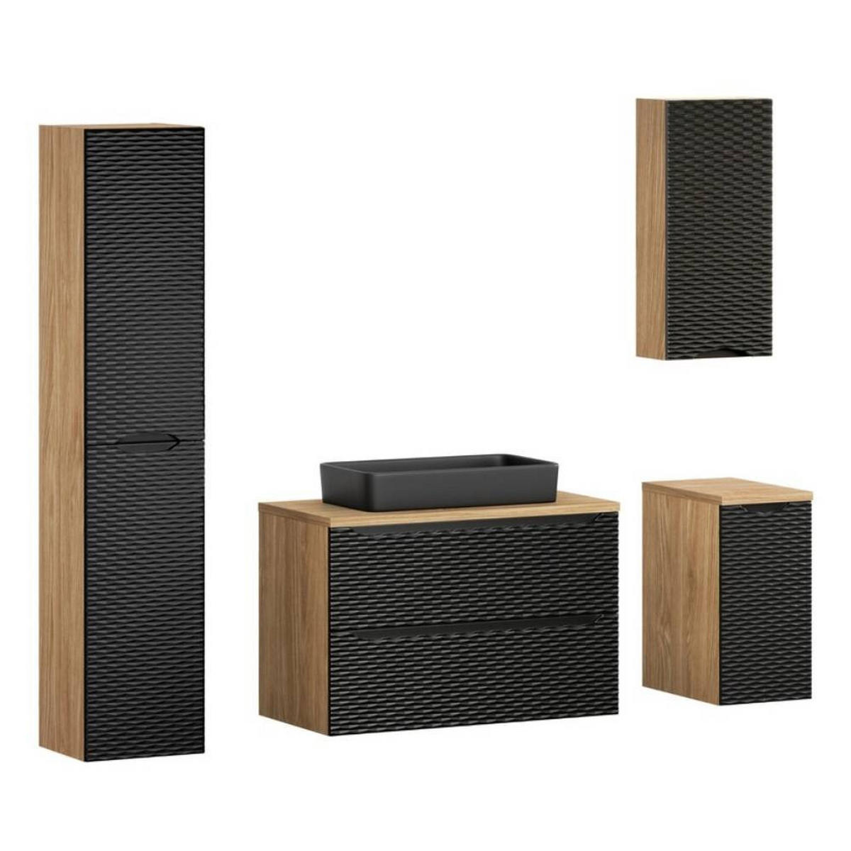 BADMÖBEL-SET 7 Teile - Ocean Black O BM445 in Schwarz / Geölte Eiche - Eichefarben/Schwarz, Holz/Keramik (90/57/46cm)