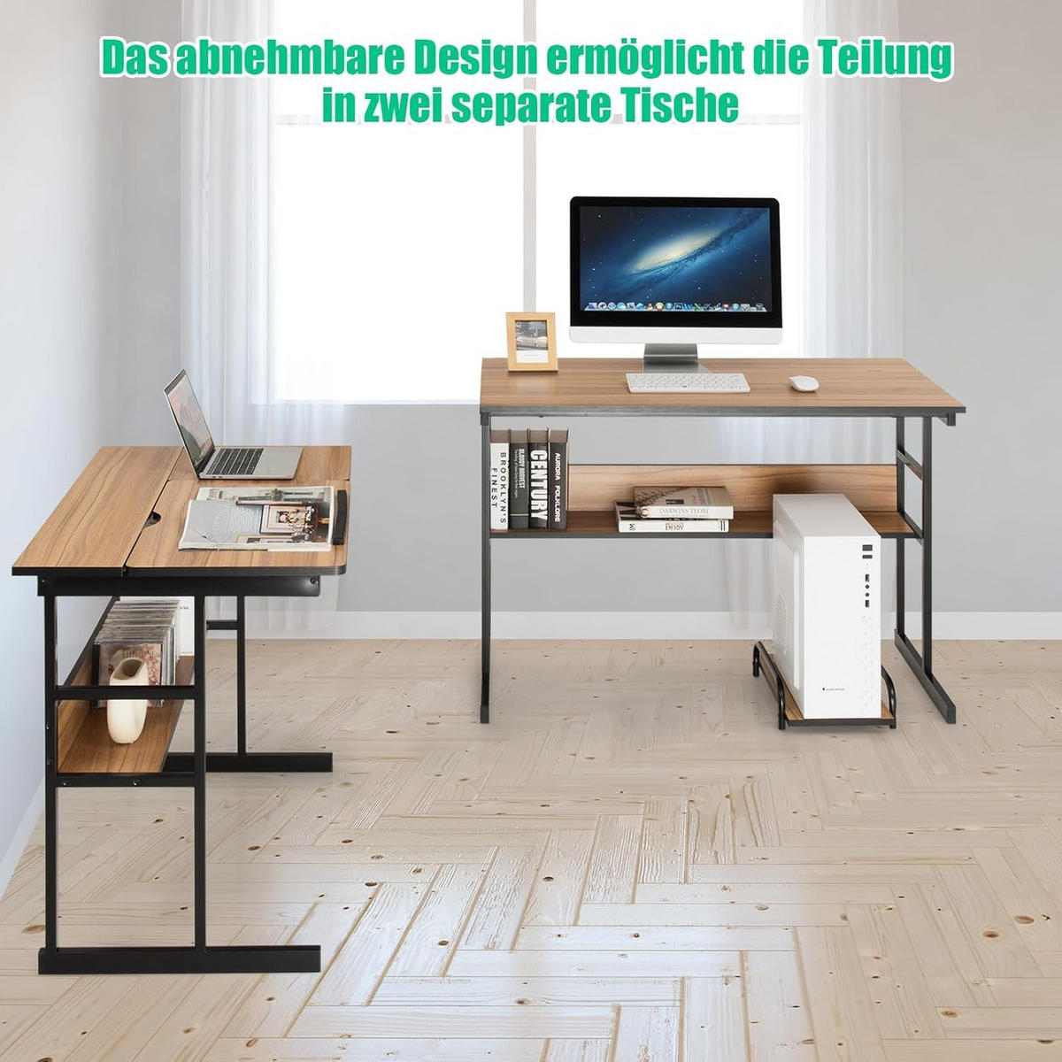 COMPUTERTISCH Walnuss - Walnussfarben, Holzwerkstoff (150/170/75cm) - COSTWAY