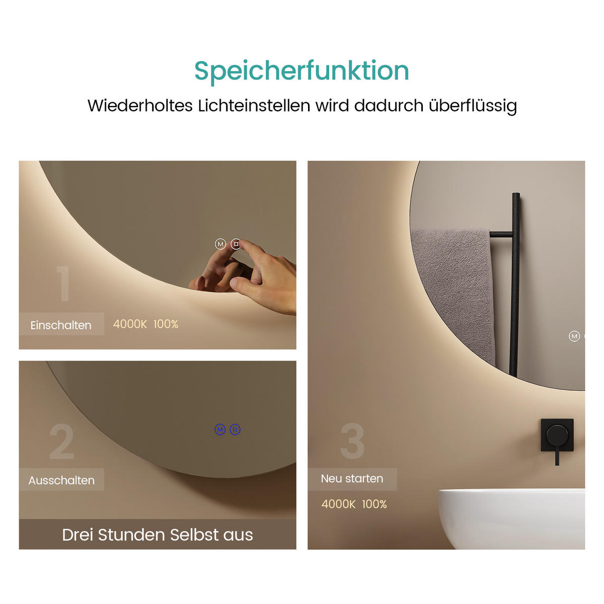 BADSPIEGEL rund mit Beleuchtung rahmenlos Ø50 cm - Weiß, Glas (50/3/50cm) - EMKE