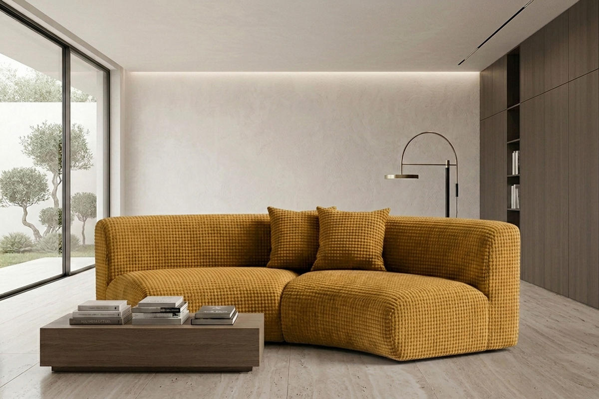 SOFA Round, Chenille-Stoff Cremona, Golden, GRETA - Goldfarben, Holz (294/70/89cm) - Kaiser Möbel