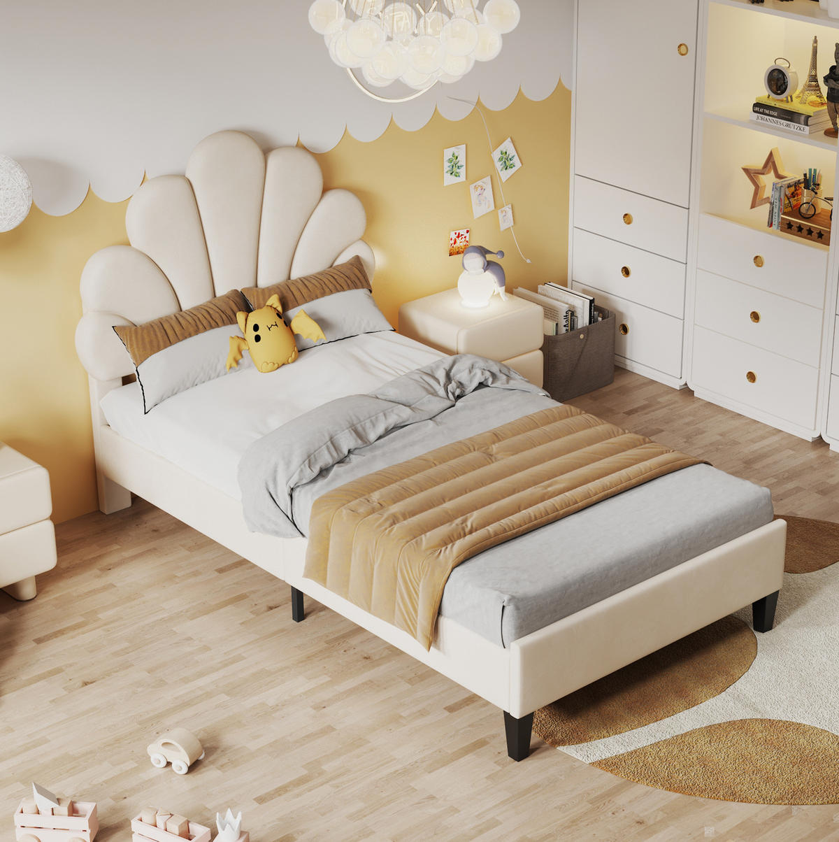 POLSTERBETT 90/200 cm mit Lattenrost und floralem Kopfteil aus Samt, Beige - Beige, Textil (90/200cm) - Redom