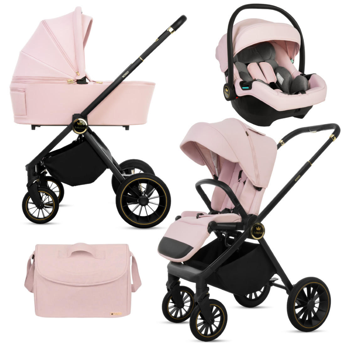 KINDERWAGEN Rosso 3in1 Rosa Babywanne, Buggy Sportsitz, Babyschale I-Size - Schwarz/Rosa, Textil/Metall (58/99cm) - BabyLux