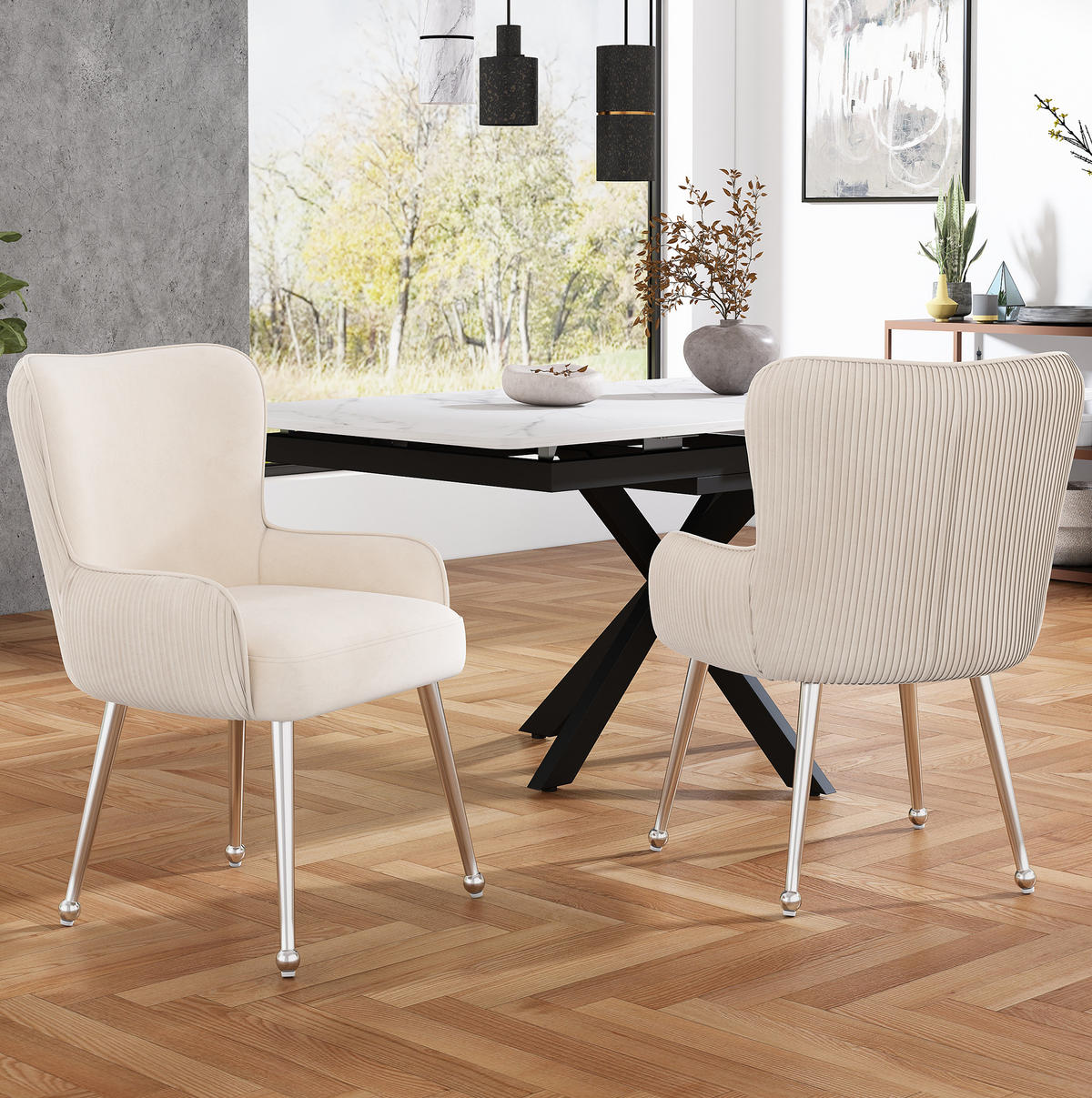 ESSZIMMERSTUHL 2er-Set Beige aus Samt mit Armlehnen - Beige, Textil (57/83/23cm)