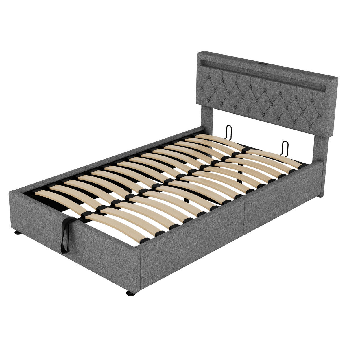 POLSTERBETT aus Leinen 140x200 cm in Grau mit LED-Beleuchtung & USB-C - Grau, Textil (140/200cm) - Modfu