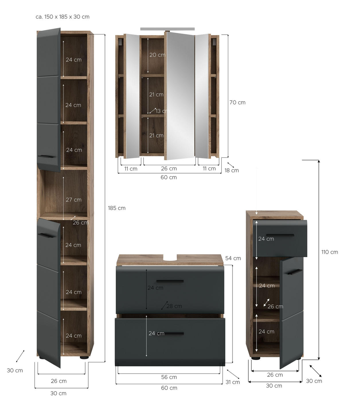 BADEZIMMER Alba 5-tlg. (B/H/T: ca. 150/185/30 cm) in Nox Oak /schwarz matt - Eichefarben, Holz (150/185/30cm)