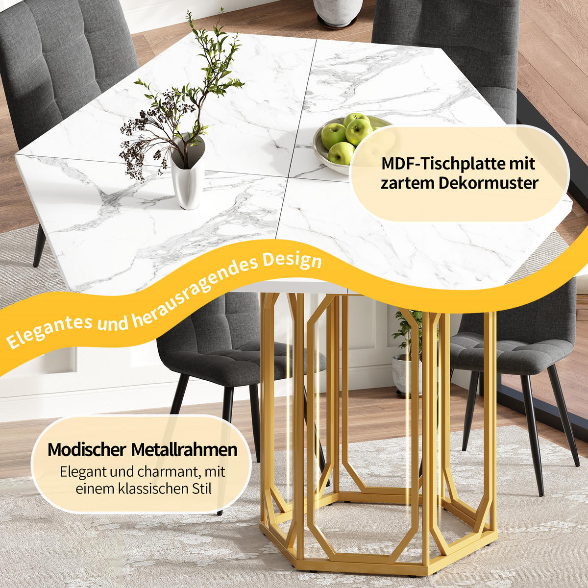 ESSTISCH 110,2/95,4/75,5 cm Gold mit Marmoroptik aus MDF und Metall - Goldfarben, Holzwerkstoff (110.2/95.4/75.5cm) - OKWISH