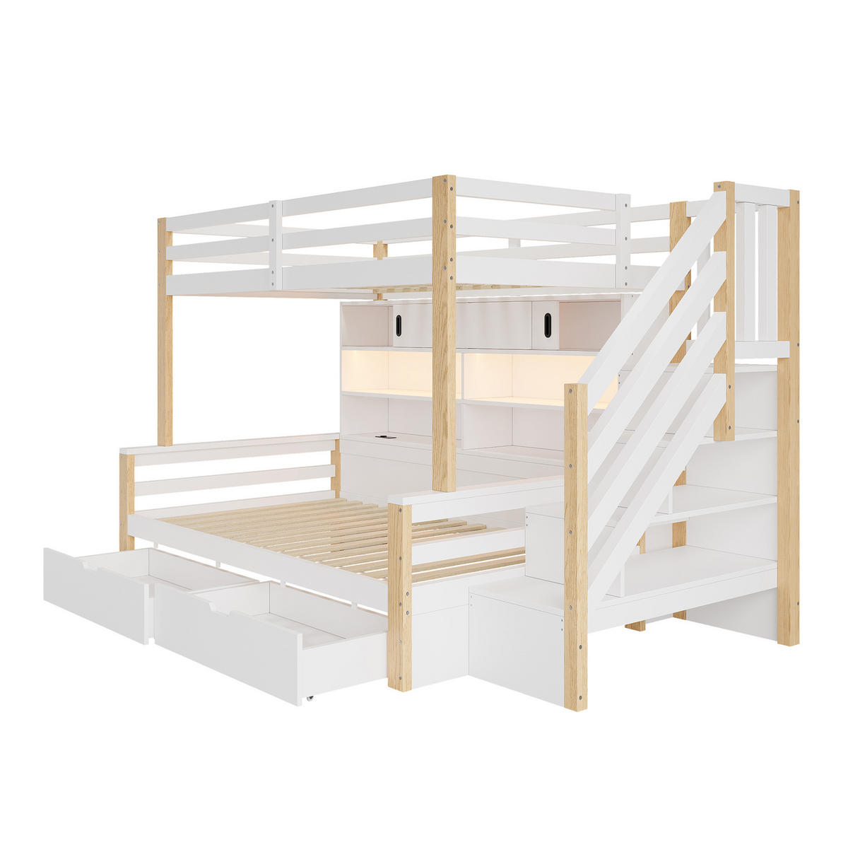 ETAGENBETT aus Kiefernholz 90x200 cm Weiß mit Stauraumtreppe, LED-Leiste und USB-Anschluss - Weiß, Holz (90/200cm) - Modfu