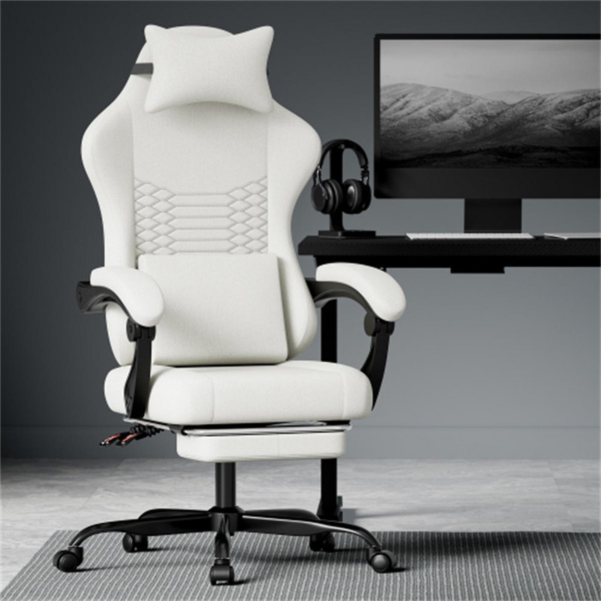 GAMINGSTUHL Ergonomisch Weiß, höhenverstellbar & drehbar, Metall-Stoff-Bezug, 58,5 x 63 x 120,5 cm - Weiß, Metall (63/120.5/58.5cm) - Albatros