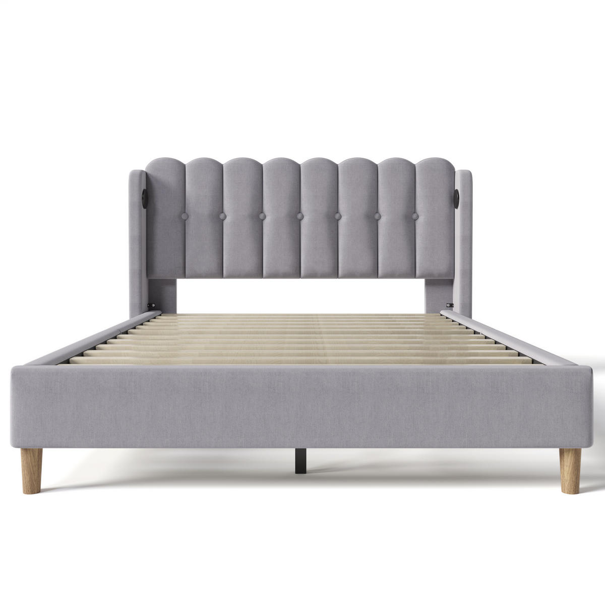 POLSTERBETT 160/200 cm mit USB- und Typ-C-Anschluss, gepolstertem Kopfteil und Matratze, Grau - Grau, Textil (160/200cm) - Redom