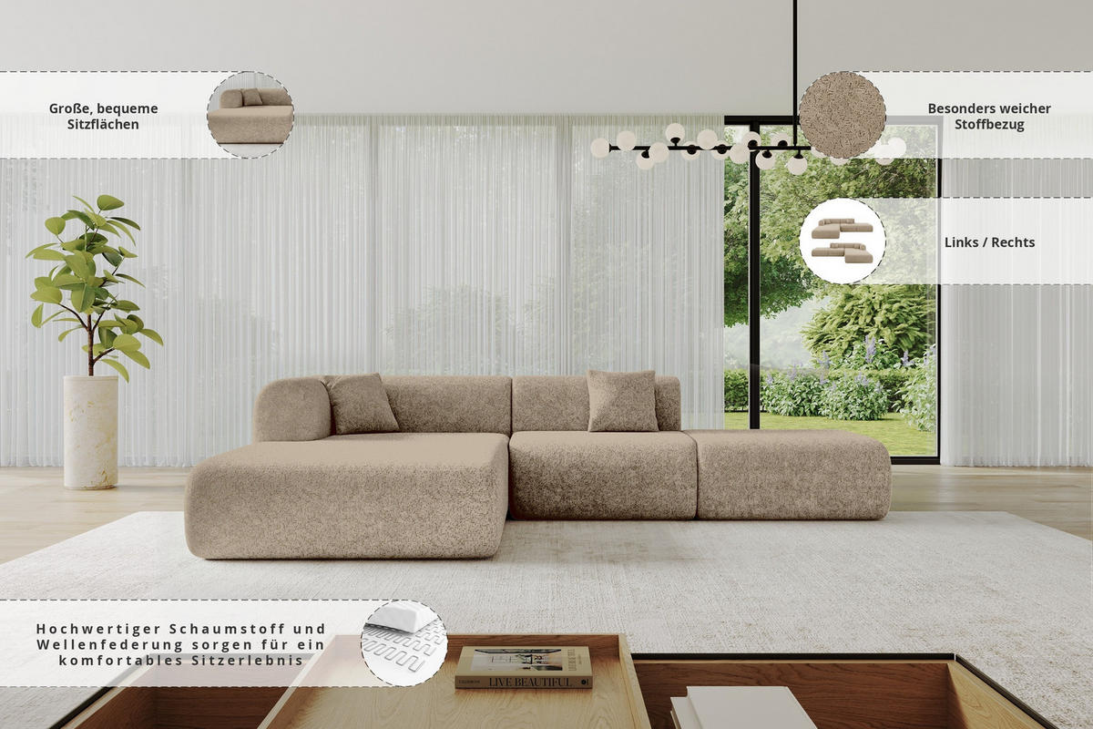 ECKSOFA Ottomane Links OVLY-L 289x176x71 Braun Chenille - Cognac/Schwarz, Holzwerkstoff/Kunststoff (176/289cm) - ALTDECOR