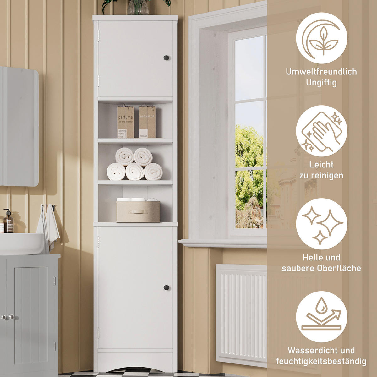 BADEZIMMERSCHRANK 36.5x24.5x170cm in Weiß, feuchtigkeitsbeständig mit 2 Türen - Weiß, Holzwerkstoff (24.5/170/36.5cm) - Modfu