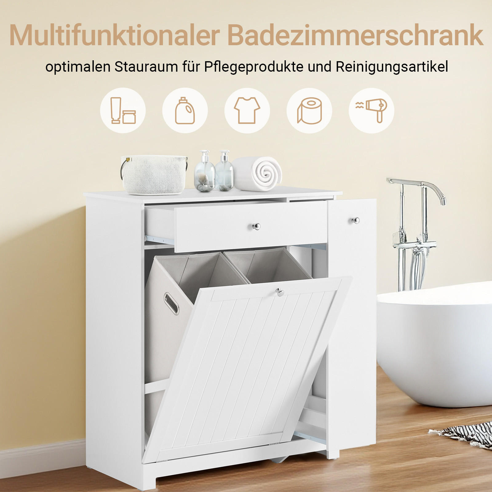 WÄSCHESCHRANK, Badschrank mit 2 Wäschesäcken, 78x38x90cm - Weiß, Holzwerkstoff (78/90/38cm) - SoBuy
