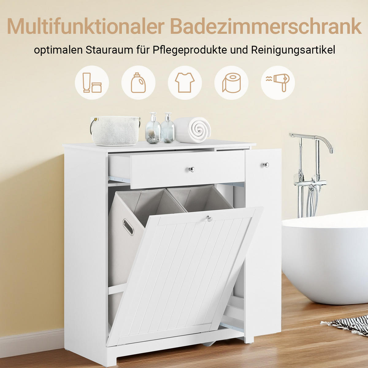 WÄSCHESCHRANK, Badschrank mit 2 Wäschesäcken, 78x38x90cm - Weiß, Holzwerkstoff (78/90/38cm) - SoBuy