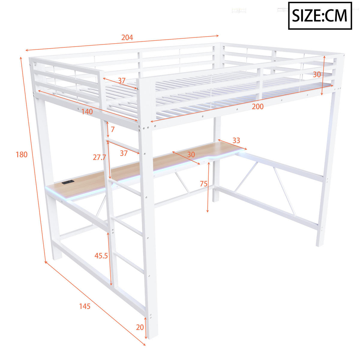 HOCHBETT 140/200 cm in Weiß mit Schreibtisch, LED und USB - Weiß, Holzwerkstoff/Metall (140/200cm) - WISHDOR
