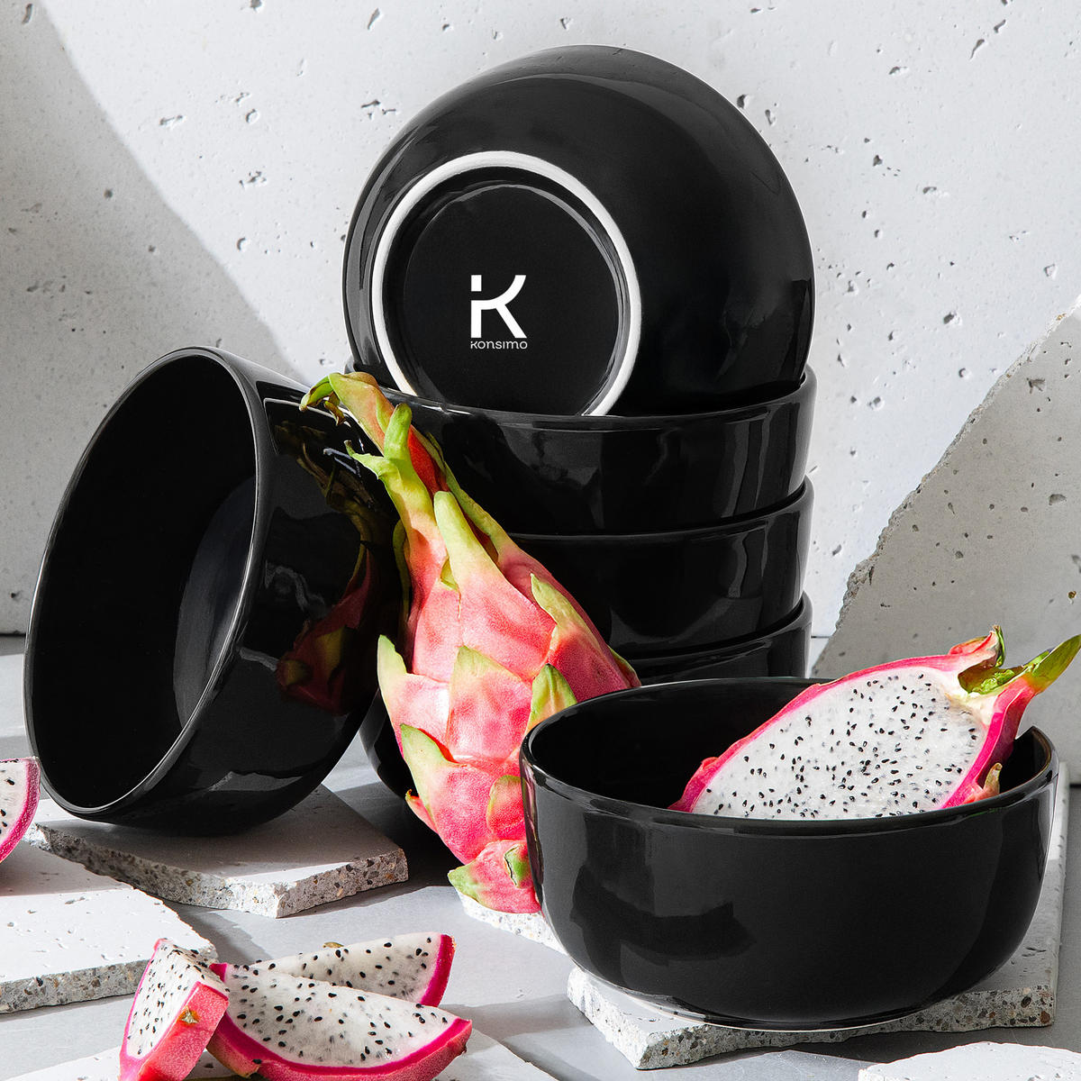 SCHÜSSELL-SET VICTO 6 Personen 6-tlg - Schwarz Hochglanz, Keramik - KONSIMO®