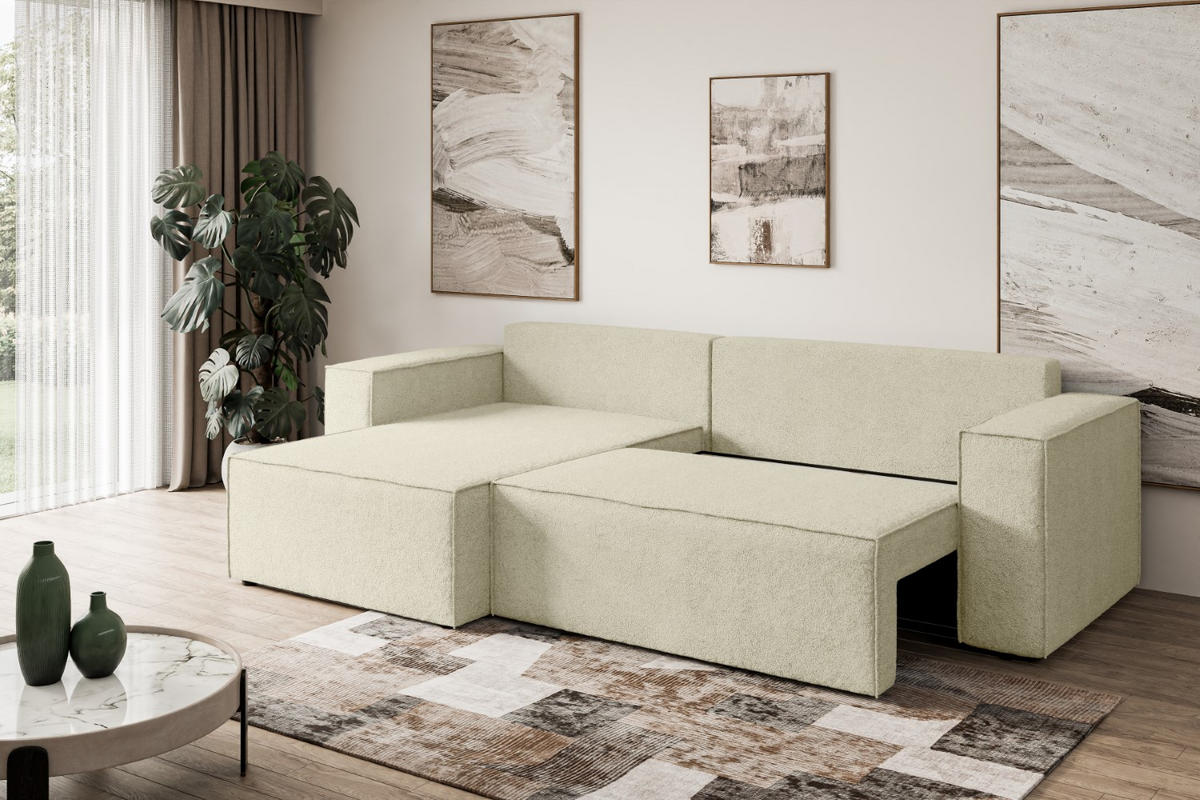 ECKSOFA mit Schlaffunktion und Bettkasten CELTIC-XL - 277x143x83 cm Beige Bouclé - Beige/Schwarz, Holzwerkstoff/Kunststoff (277/143cm) - ALTDECOR