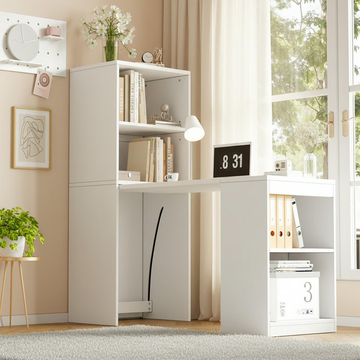 ECKSCHREIBTISCH mit Regal Platzsparend mit Rollen für Arbeitszimmer Weiß - Weiß, Holzwerkstoff (130/55/137cm) - EVRYAE