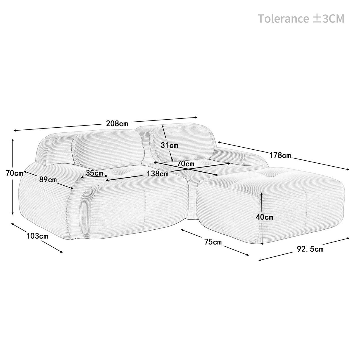 ECKSOFA 3-Sitzer in Premium-Cord Grün Montagefrei & Rutschfest - Grün, Textil (208/178cm) - Urban Meuble