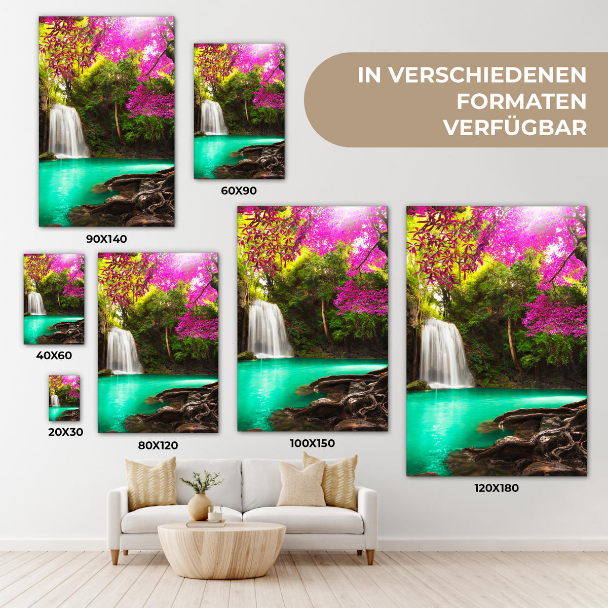 LEINWANDBILD Wasserfall mit bunten Blumen und Bäumen - Natur - Dschungel 80x120 cm - Waldgrün, Textil (80/120cm) - MuchoWow