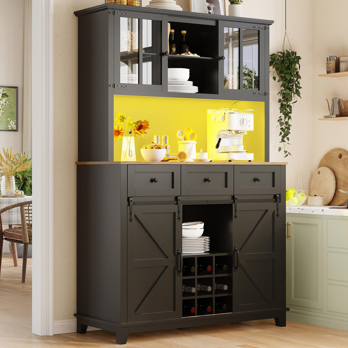 BUFFET 105/38,4/180 cm schwarz aus MDF mit LED-Beleuchtung - Schwarz, Holzwerkstoff (105/180/38.4cm) - OKWISH