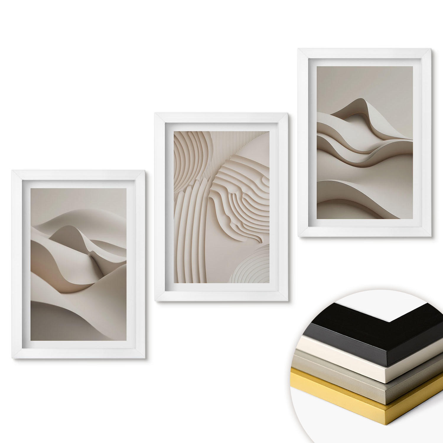 WANDBILDER 3er-Set - 20x30 cm Weißer Rahmen - Abstrakte beige Wellen - Weiß, Kunststoff (20/30cm) - ArtPrintCave
