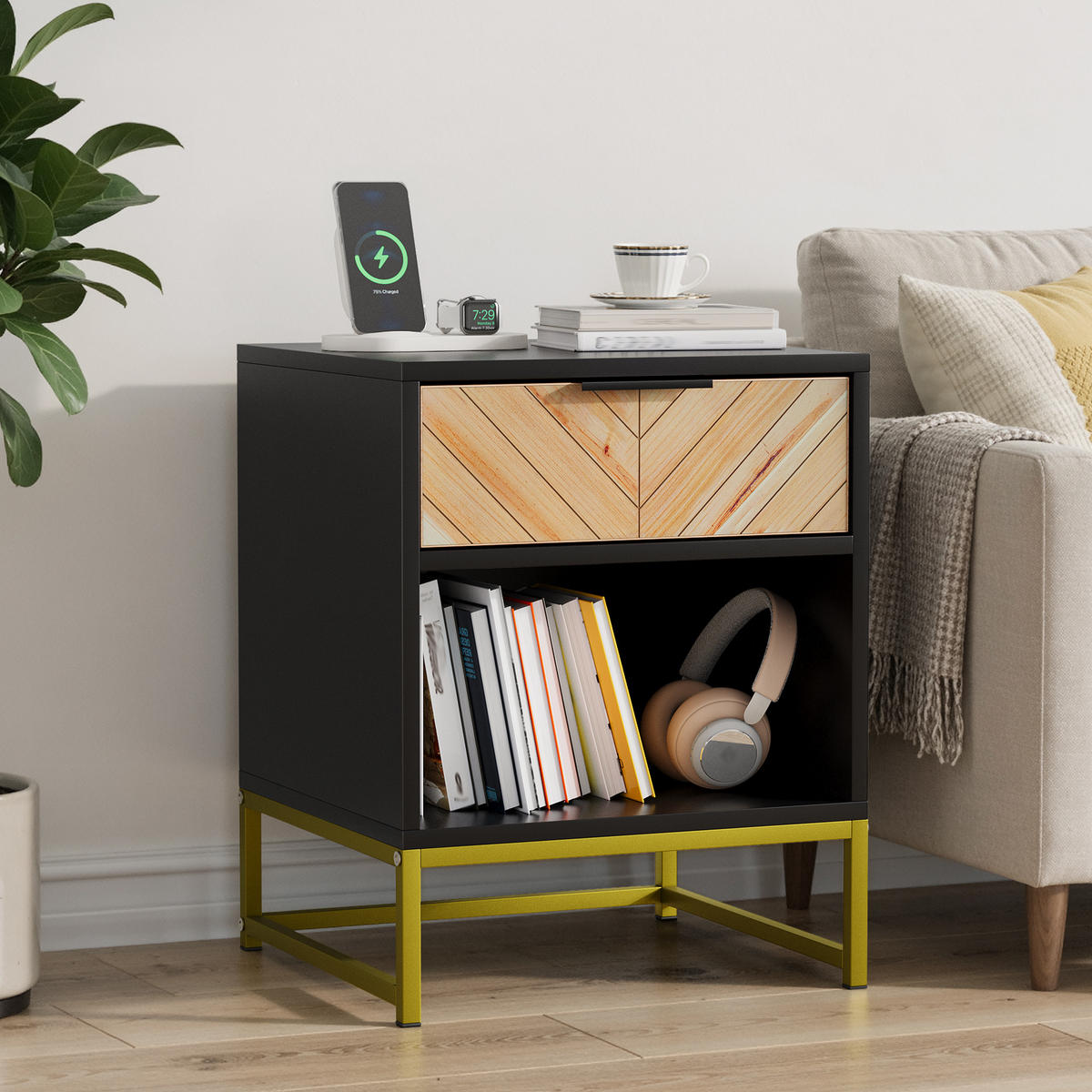 NACHTTISCH 43/40/55 cm Schwarz/Natur aus MDF mit Schublade - Hellbraun, Holzwerkstoff (40/55/43cm) - OKWISH