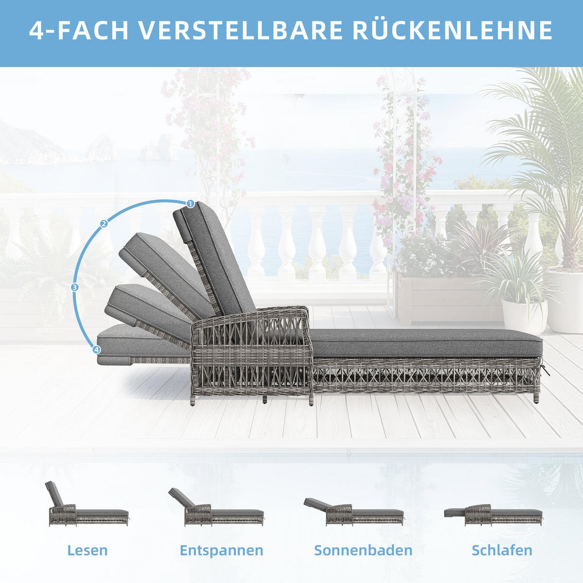 SONNENLIEGE Rattan Grau verstellbar Kissen wetterfest 1 Set - Grau, Metall (70/58/192cm) - FLIEKS