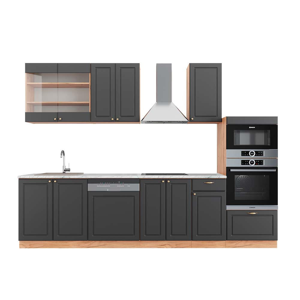 KÜCHENZEILE Fame-Line Anthrazit Landhaus/Goldkraft Eiche 300 cm AP Marmor - Dunkelgrau/Eiche Wotan, Holzwerkstoff (300/81.6/60cm) - Vicco
