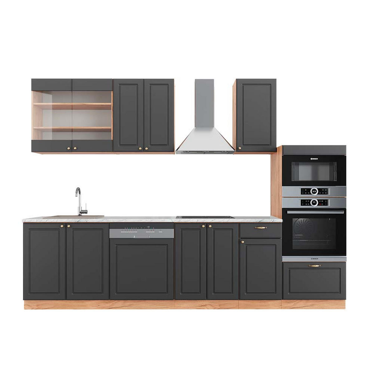 KÜCHENZEILE Fame-Line Anthrazit Landhaus/Goldkraft Eiche 300 cm AP Marmor - Dunkelgrau/Eiche Wotan, Holzwerkstoff (300/81.6/60cm) - Vicco