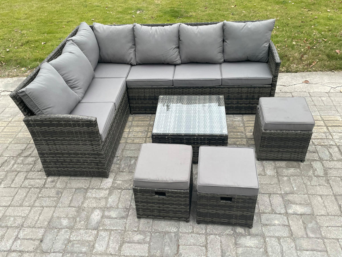 GARTENGARNITUR mit Ecksof,Couchtisch,3 Fußhocker Polyrattan Dunkelgrau 9-Sitzer - Dunkelgrau/Grau, Glas/Kunststoff - Fimous